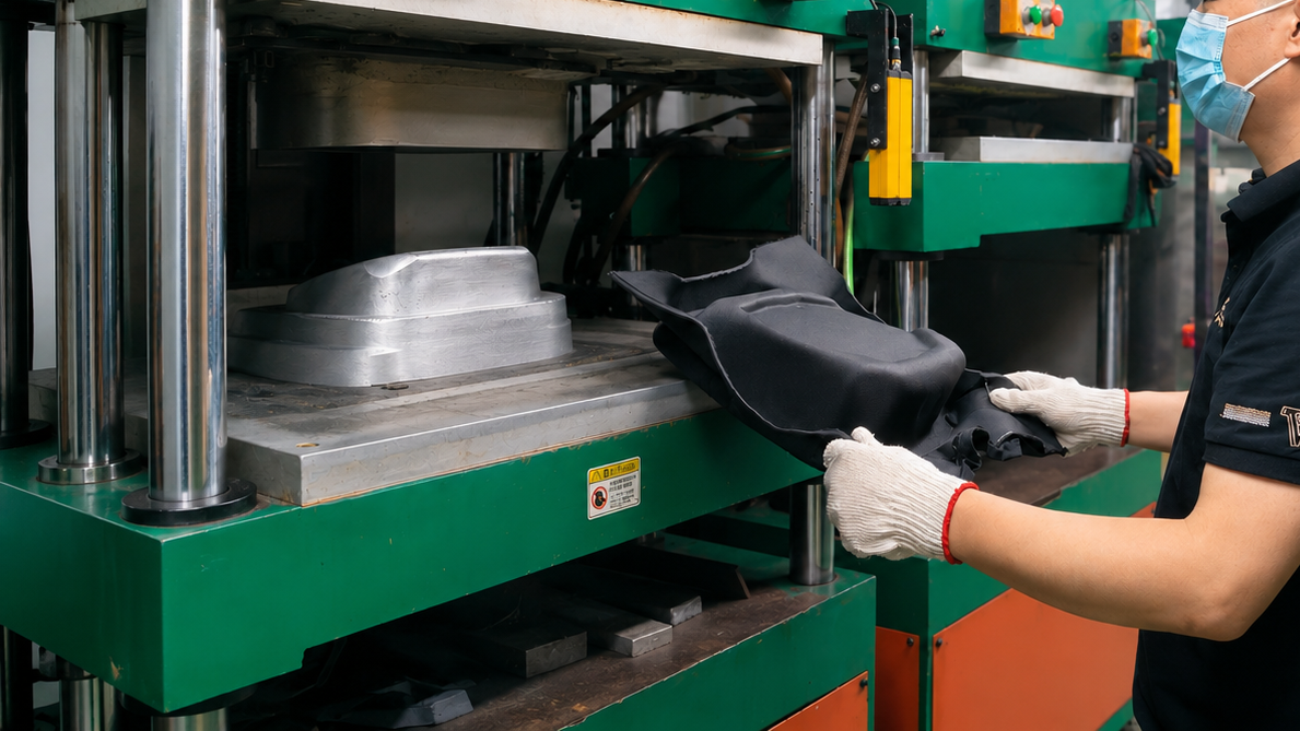 A worker removes a thermoformed EVA component from the hot press during the forming stage.